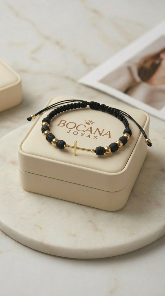PULSERA 6 BALINES LISO CON HERRAJE DE CRUZ HOMBRE