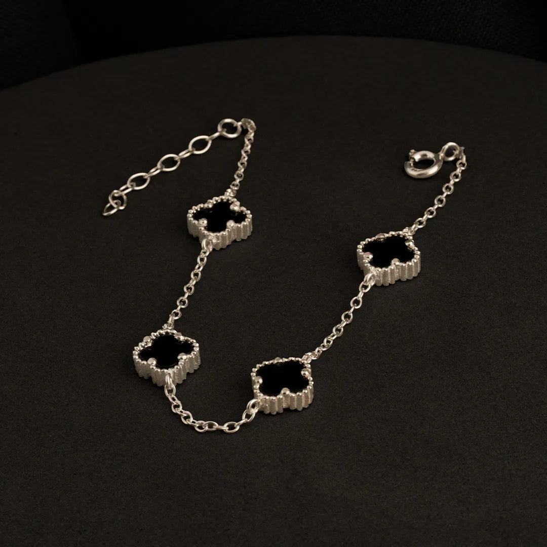 PULSERA DE PLATA CLOVER NEGRA 17CM