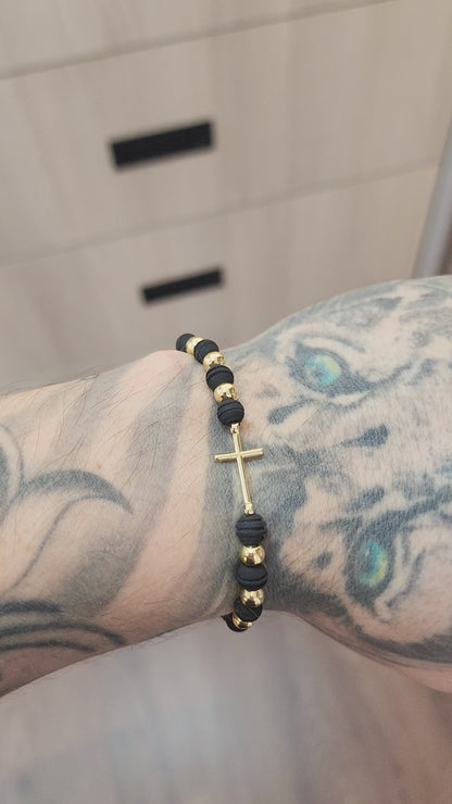 PULSERA 6 BALINES LISO CON HERRAJE DE CRUZ HOMBRE