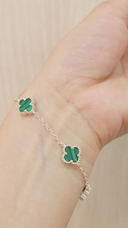PULSERA DE PLATA CLOVER MALAQUITA 17CM
