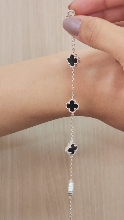 PULSERA DE PLATA CLOVER NEGRA 17CM