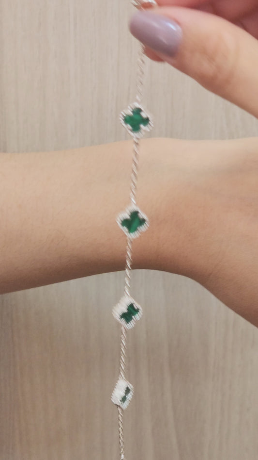 PULSERA DE PLATA CLOVER MALAQUITA 17CM