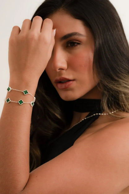 PULSERA DE PLATA CLOVER MALAQUITA 17CM