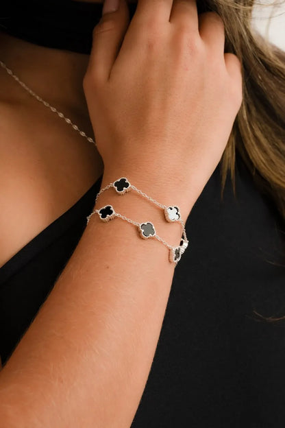 PULSERA DE PLATA CLOVER NEGRA 17CM
